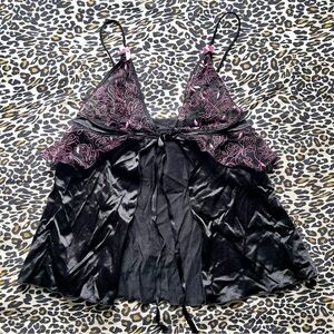 Vintage Pink & Black Lace Satin Babydoll Lingerie Top